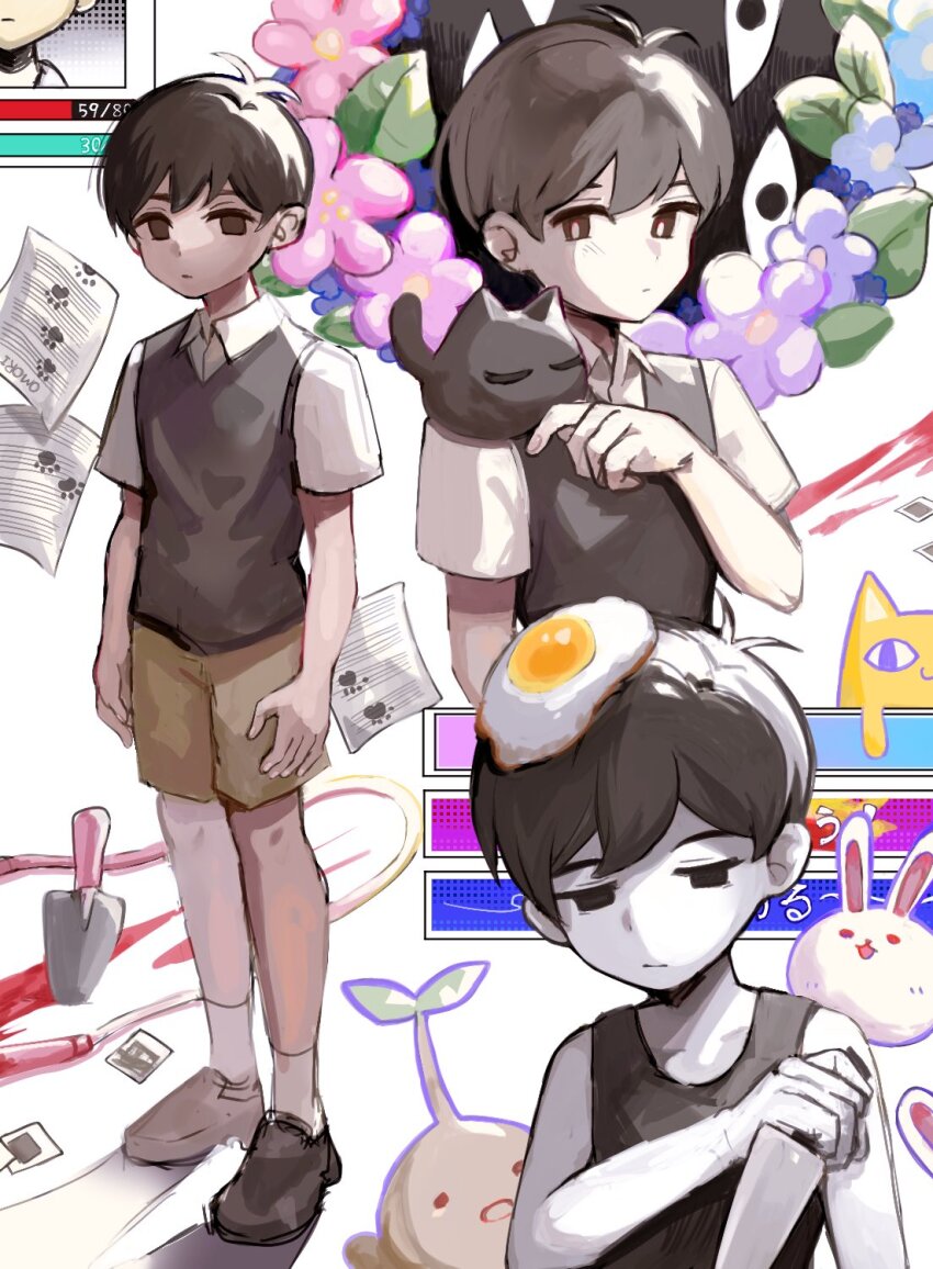 2boys antenna_hair big_yellow_cat_(omori) black_eyes black_hair black_sweater_vest black_tank_top brown_shorts cat collared_shirt colored_skin dual_persona forest_bunny_(omori) fried_egg highres holding holding_knife jump_rope knife male_focus mewo multiple_boys omori omori_(omori) ro/ku shirt short_hair shorts socks something_(omori) sprout_mole sunny_(omori) sweater_vest tank_top white_shirt white_skin white_socks
