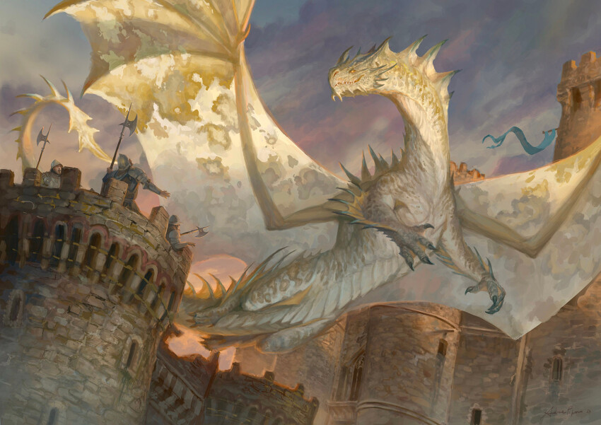 3boys andrea_piparo animal_focus banner battlement claws cloud cloudy_sky commentary day dragon english_commentary fantasy flying from_below giant giant_monster halberd highres making-of_available monster multiple_boys original outdoors painterly polearm realistic sky tower weapon western_dragon wings yellow_eyes