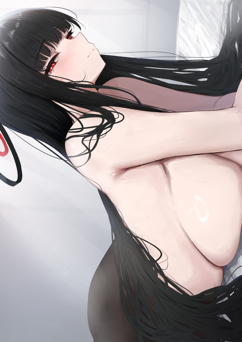 1girl absurdres bare_shoulders black_hair black_pantyhose blue_archive blush breasts halo highres large_breasts long_hair looking_at_viewer lying on_stomach pantyhose red_eyes ringed_eyes rio_(blue_archive) solo tei_kaku topless_female very_long_hair