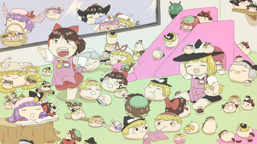 6+girls absurdres against_window anger_vein animal_ears apron asura-table basket black_hair blonde_hair blush book bow broom brown_hair cat_ears character_request chen closed_eyes commission crescent crescent_hat_ornament flandre_scarlet fox_ears green_hair grey_hair hair_bow hair_tubes hakurei_reimu hat hat_bow hat_ornament highres hong_meiling kindergarten_teacher kirisame_marisa knitting_needle konpaku_youmu koyukkuri mob_cap multiple_girls name_tag needle open_mouth patchouli_knowledge pink_apron pink_hair pixiv_commission plate poop purple_hair red_bow red_hair reiuji_utsuho remilia_scarlet slide smile sunglasses tears tongue tongue_out touhou tree_stump white_bow wings wriggle_nightbug yakumo_ran yakumo_yukari yarn yarn_ball yukkuri_abuse yukkuri_shiteitte_ne