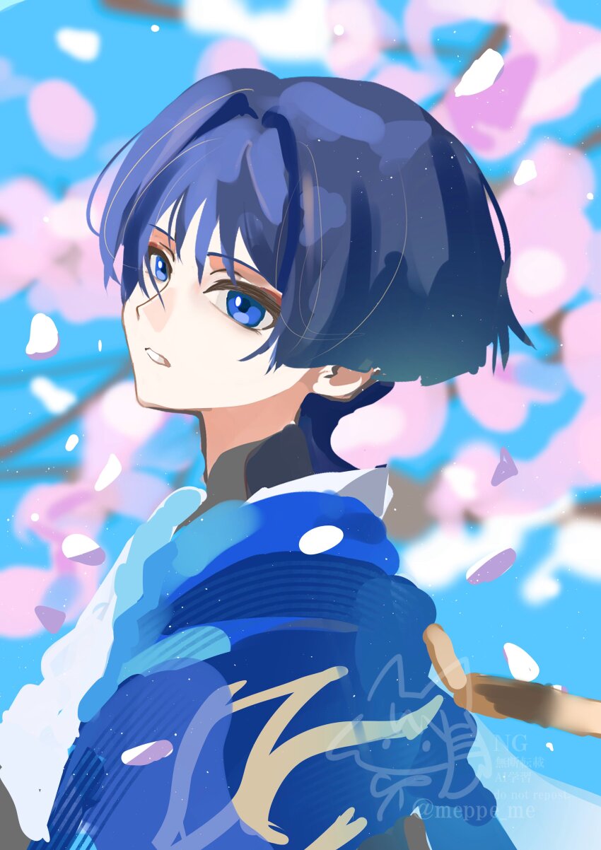 1boy absurdres blue_cape blue_eyes blunt_ends cape cherry_blossoms eyeliner eyeshadow falling_petals from_side genshin_impact highres looking_to_the_side makeup male_focus mandarin_collar meppe_me open_mouth outdoors petals pink_petals purple_hair red_eyeliner red_eyeshadow scaramouche_(genshin_impact) solo twitter_username wanderer_(genshin_impact) watercolor_effect watermark white_mouth white_trim