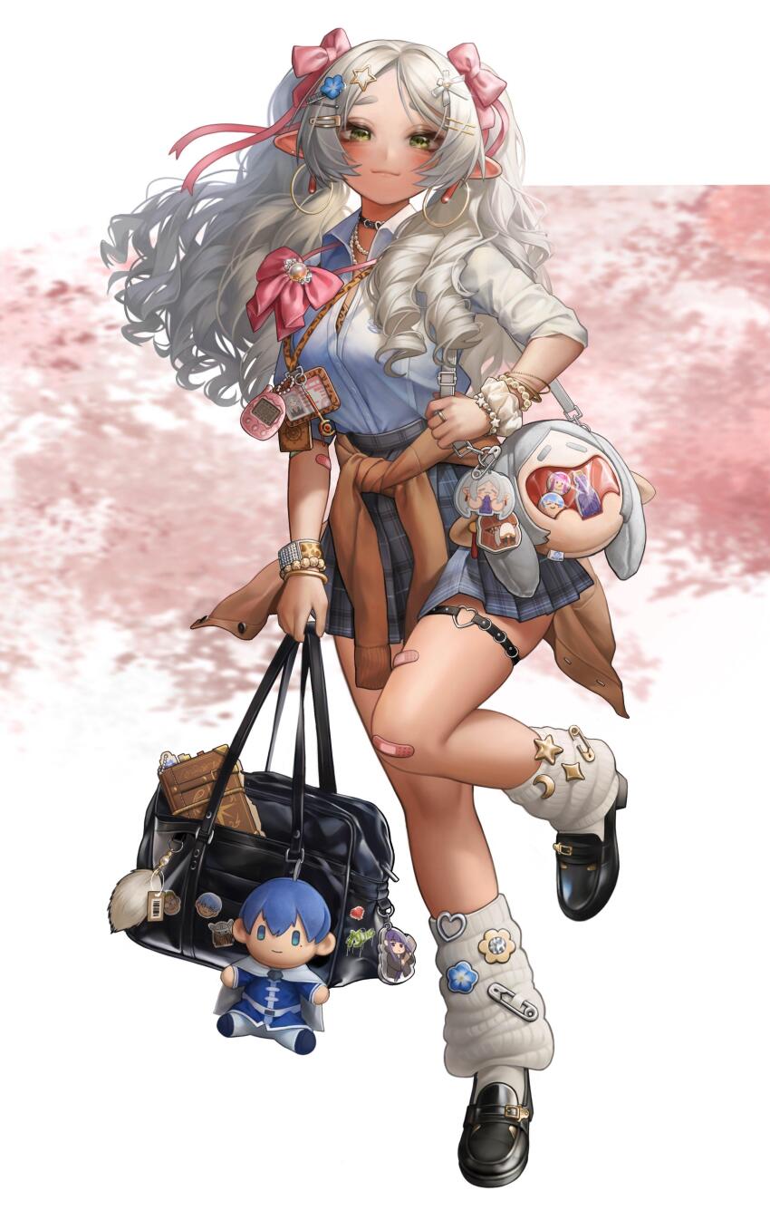 1girl absurdres bag blush bow character_doll curly_hair doll earrings elf frieren handbag highres himmel_(sousou_no_frieren) holding hoop_earrings jewelry long_hair long_sleeves looking_at_viewer non-web_source pointy_ears smile solo sousou_no_frieren stuffed_toy