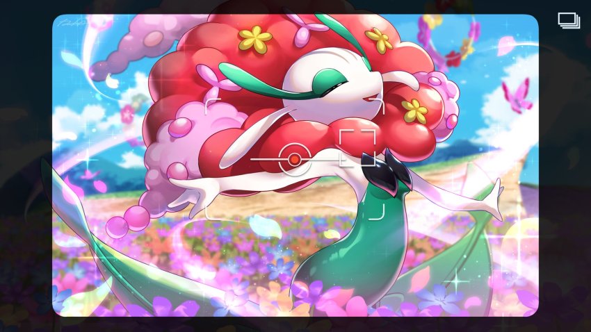 armpits blue_sky breasts camera closed_eyes cloud comfey field florges florges_(red_flower) flower flower_field gameplay_mechanics gen_6_pokemon gen_7_pokemon highres iria_(yumeirokingyo) mountain mountainous_horizon new_pokemon_snap nintendo no_humans open_mouth outstretched_arms petals pokemon pokemon_(creature) skirt sky smile vivillon