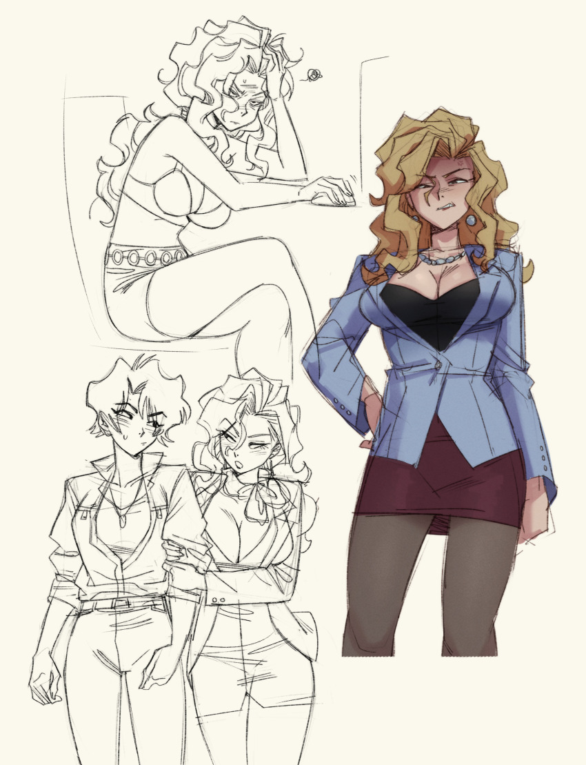 2girls absurdres annoyed blonde_hair blue_jacket business_suit commentary english_commentary formal_clothes golden_boy gutalalaman half-closed_eyes hayami_ayuko highres jacket looking_at_viewer multiple_girls onna_shachou pencil_skirt simple_background skirt suit
