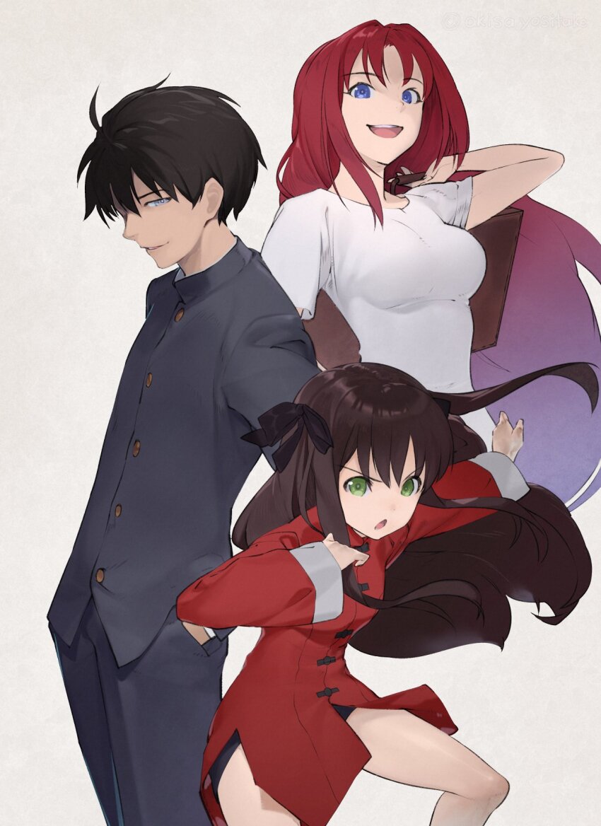 1boy 2girls akisa_yositake aozaki_aoko arima_miyako bajiquan_(martial_arts) black_bow black_hair blue_eyes bow breasts brown_hair china_dress chinese_clothes denim dress gakuran green_eyes hair_bow highres large_breasts long_hair long_sleeves looking_at_viewer martial_arts melty_blood multiple_girls nanaya_shiki one_eye_closed open_mouth red_dress red_hair school_uniform shirt short_hair short_sleeves smile suitcase t-shirt tsukihime very_long_hair white_shirt