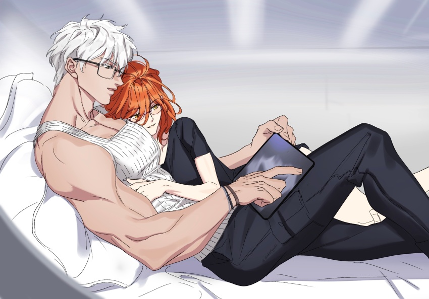1boy 1girl archer_(fate) archer_(summer_casual)_(fate) black_pants bracelet commentary dark-skinned_male dark_skin fate/grand_order fate_(series) fujimaru_ritsuka_(female) glasses hetero highres jewelry large_pectorals muscular muscular_male orange_eyes orange_hair pants pectorals ribbed_tank_top shinkaifuyuki sitting symbol-only_commentary tablet_pc tank_top white_hair white_tank_top