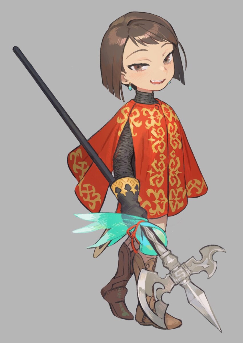 1girl akaneko_(redakanekocat) armor black_gloves blush bob_cut boots brown_boots brown_eyes brown_hair brown_pants chainmail chibi chibi_only commentary cowlick earrings full_body gloves grey_background halberd highres holding holding_polearm holding_weapon jewelry looking_at_viewer open_mouth original pants pants_tucked_in pixiv_fantasia pixiv_fantasia_last_saga polearm rudia_of_the_moon_smile simple_background solo surcoat weapon