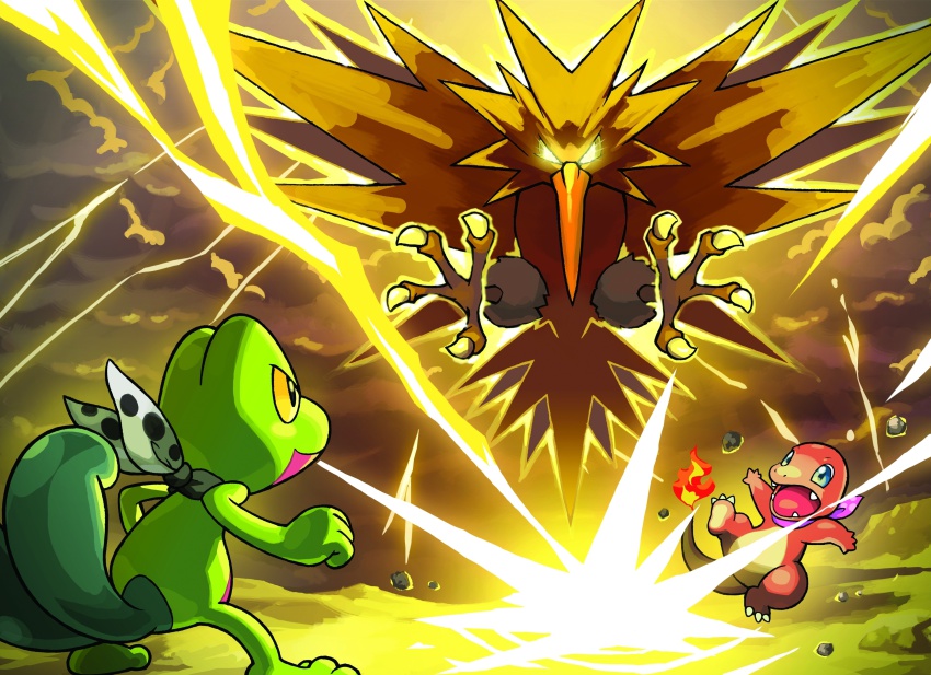 00s absurdres beak bird charmander chunsoft claws cloud electricity fangs fire gen_1_pokemon gen_3_pokemon highres legendary_pokemon lightning nintendo no_humans official_art pokemon pokemon_(creature) pokemon_mystery_dungeon scarf storm tail thunder treecko zapdos