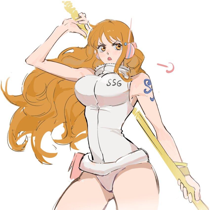 1girl absurdres bangle bare_legs bare_shoulders bracelet breasts clima-tact commentary cowboy_shot fighting_stance headphones highres holding holding_staff jewelry large_breasts leotard log_pose long_hair nami_(one_piece) nami_(one_piece)_(egghead) official_alternate_costume one_piece open_mouth orange_eyes orange_hair puff_of_air shoulder_tattoo simple_background single_sidelock sleeveless solo staff sweetdou3 symbol-only_commentary tattoo thighs wavy_hair white_background white_leotard wide_hips
