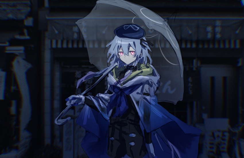 1boy absurdres arknights black_choker black_gloves black_shirt black_shorts blue_cloak blue_hair blue_hat blue_neckerchief chinese_commentary choker cloak closed_mouth commentary_request cowboy_shot fingerless_gloves gloves hair_between_eyes hat highres holding holding_umbrella hood hood_down hooded_cloak huidu long_hair male_focus mizuki_(arknights) neckerchief outdoors pink_eyes shirt shorts solo umbrella