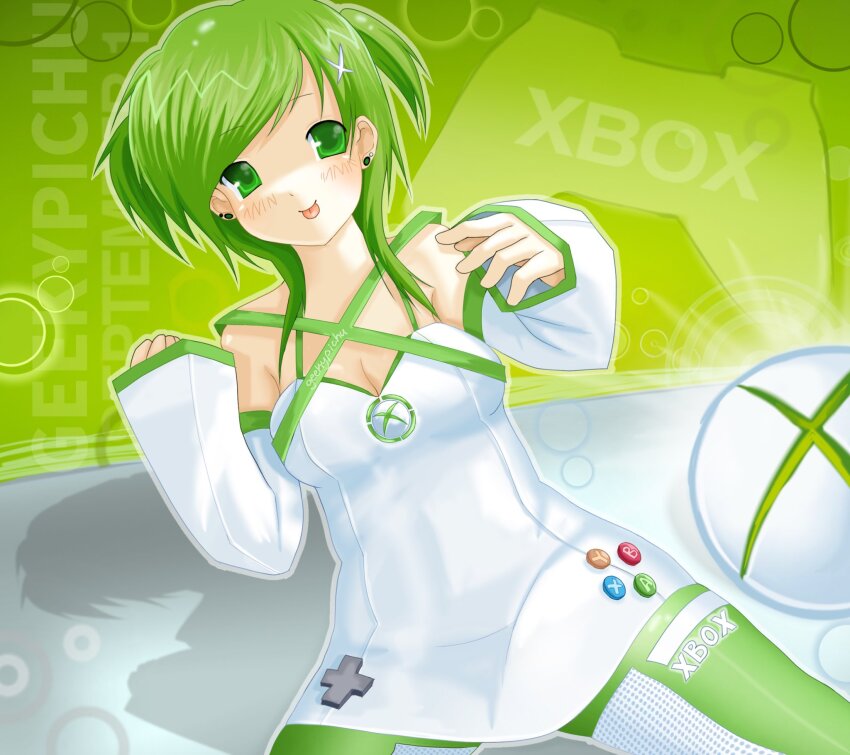 1girl 2000s_(style) bare_shoulders blush breasts cleavage commentary detached_sleeves dress earrings english_commentary frutiger_aero geekypichu green_eyes green_hair green_pantyhose green_theme green_trim hair_ornament highres jewelry medium_breasts microsoft original pantyhose short_hair_with_long_locks sleeves_past_wrists solo tongue tongue_out two_side_up white_dress white_sleeves x_hair_ornament xbox_360_(personification)