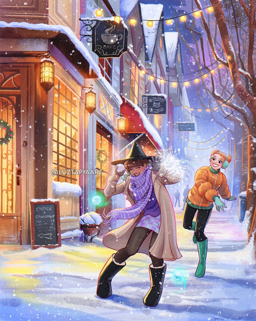 2girls artist_name bare_tree black_hat black_pants boots brown_hair coat day green_boots green_hair grey_coat hat highres jacket long_coat luztapiaart multicolored_hair multiple_girls open_clothes open_coat orange_hair orange_jacket original outdoors pants peyton_(luztapiaart) purple_scarf roya_(luztapiaart) rubber_boots scarf snow snowball snowball_fight tree two-tone_hair watermark witch_hat