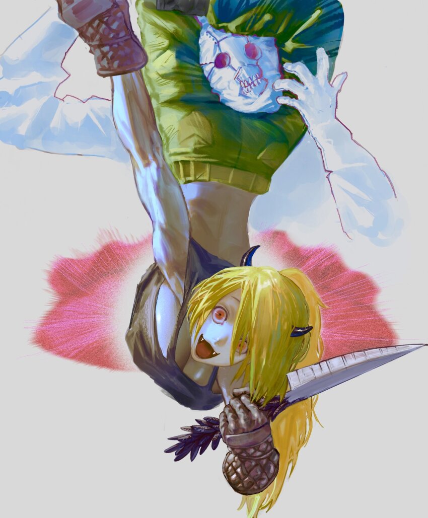 2girls :d black_tank_top blonde_hair breasts cleavage cropped_torso dorohedoro fang figure_four_leglock gloves green_pants head_between_thighs highres holding holding_knife horns knife large_breasts looking_at_viewer mask multiple_girls nikaidou_(dorohedoro) noi_(dorohedoro) open_mouth pants ponytail red_eyes simple_background smile tank_top upside-down vitagazer