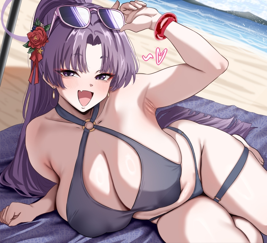 1girl absurdres armpits bare_arms bare_shoulders bikini black_bikini blue_archive blush breasts cleavage covered_erect_nipples eyewear_on_head fang flower hair_flower hair_ornament highres huge_breasts long_hair looking_at_viewer navel official_alternate_costume official_alternate_hairstyle open_mouth parted_bangs ponytail purple-framed_eyewear purple_eyes purple_hair red_flower skin_fang solo sunglasses swimsuit thigh_strap woo_(woosan) yukari_(blue_archive) yukari_(swimsuit)_(blue_archive)