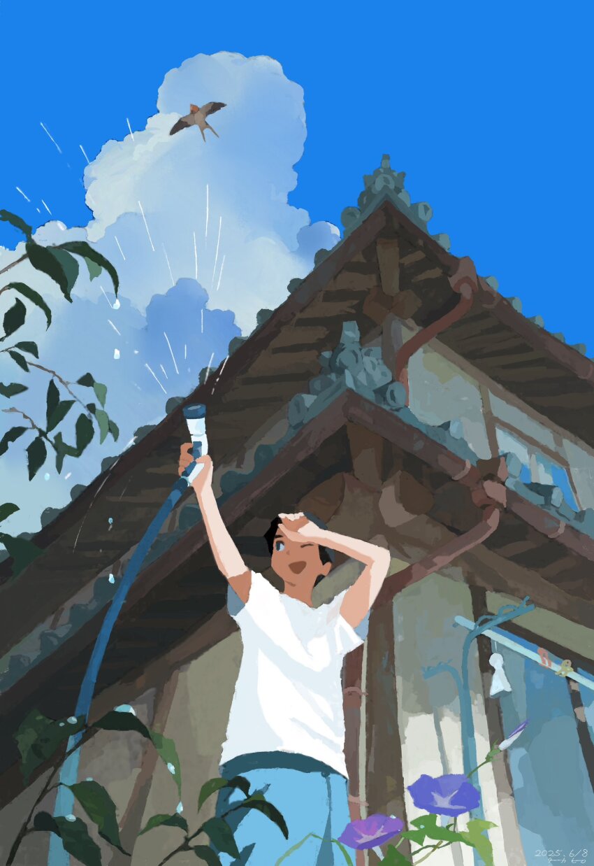 1boy :d architecture bird black_hair blue_flower blue_sky building cloud cumulonimbus_cloud dated day east_asian_architecture flower from_below haragayowainja highres hose male_focus morning_glory one_eye_closed open_mouth original purple_flower shirt short_hair short_sleeves sky smile solo sparrow t-shirt teruterubouzu watering white_shirt