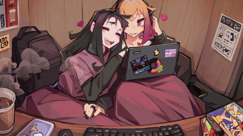 2girls ^_^ absurdres black_hair black_nails black_shirt black_sweater blush brown_hair closed_eyes commentary computer computer_keyboard couple cup english_commentary gradient_hair hand_on_another&#039;s_shoulder hand_on_another&#039;s_thigh headphones heart highres hug_from_side jewelry laptop lesbian_flag long_hair long_sleeves loving_aura multicolored_hair multiple_girls nail_polish open_mouth original pink_hair purple_sweater_vest ring shared_blanket shirt sidelocks steam sweater sweater_vest teeth togekk0 transgender_flag yuri
