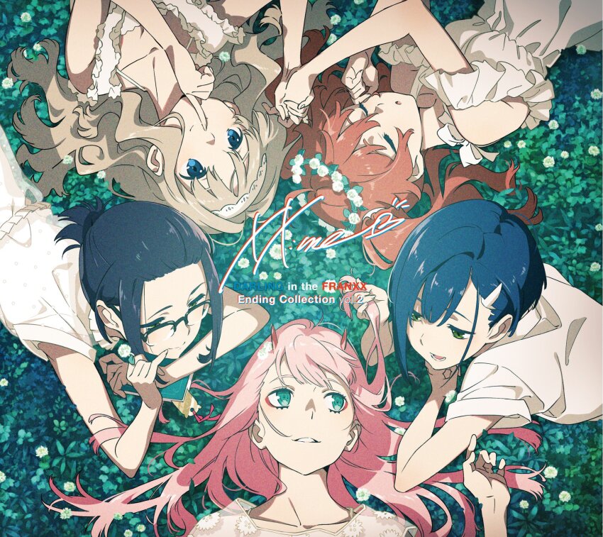 5girls album_cover aqua_eyes black_hair blue_eyes blue_hair blush brown_hair circle_formation closed_eyes cover darling_in_the_franxx dress english_text eyeshadow field finger_to_mouth flower flower_field glasses grass green_eyes green_theme hair_flower hair_ornament hair_spread_out hairclip half-closed_eyes hand_in_own_hair highres holding_another&#039;s_hair holding_hands horns ichigo_(darling_in_the_franxx) ikuno_(darling_in_the_franxx) kokoro_(darling_in_the_franxx) light_brown_hair long_hair looking_at_another lying makeup miku_(darling_in_the_franxx) multiple_girls official_art on_back on_grass on_ground on_stomach open_mouth parted_lips pink_hair red_eyeshadow see-through_dress_layer short_hair shushing sleeping smile twintails yoneyama_mai zero_two_(darling_in_the_franxx)
