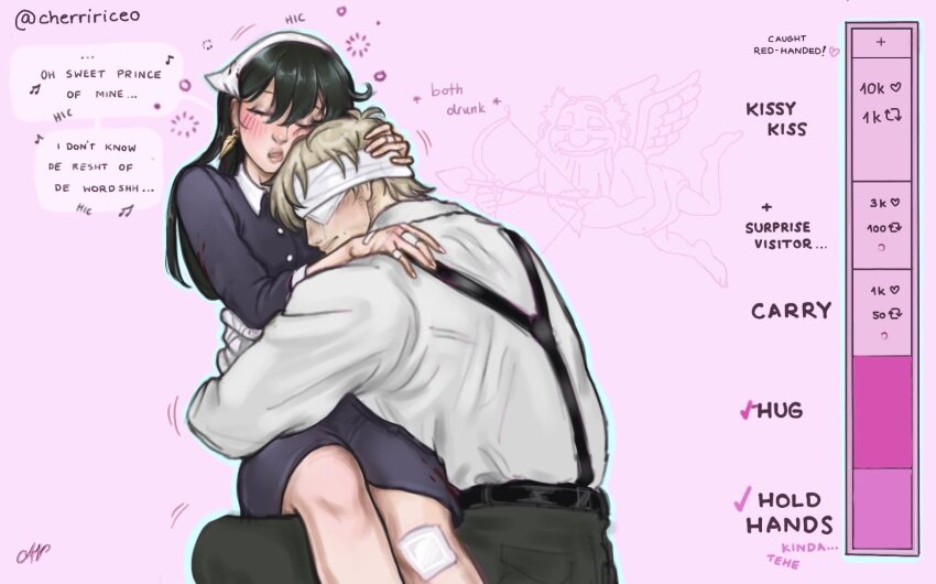1boy 1girl black_hair blush breasts cherririce dress earrings gold_earrings hair_ornament hairband husband_and_wife jewelry large_breasts long_hair red_eyes sidelocks spy_x_family twilight_(spy_x_family) white_hairband yor_briar