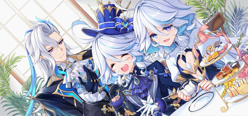 1boy 2girls :o ^_^ ahoge ascot asymmetrical_gloves black_gloves blue_ascot blue_eyes blue_gemstone blue_hair blue_hat blue_jacket blue_pupils blush closed_eyes closed_mouth commentary cup day drop-shaped_pupils english_commentary fingernails food fork furina_(genshin_impact) gem genshin_impact gloves hair_between_eyes hat heterochromia highres holding holding_cup holding_fork indoors jacket juna long_hair long_sleeves looking_at_another mismatched_gloves multicolored_hair multiple_girls neuvillette_(genshin_impact) open_mouth purple_eyes saucer streaked_hair symbol-shaped_pupils teardrop-shaped_gem teeth tiered_tray twitter_username upper_teeth_only very_long_hair white_ascot white_gloves white_hair window