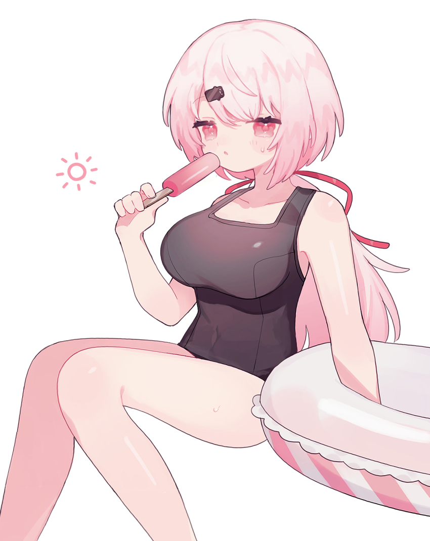 1girl black_one-piece_swimsuit blush_stickers breasts commentary covered_navel feet_out_of_frame food hair_ribbon highres holding holding_food holding_popsicle innertube invisible_chair large_breasts long_hair low_ponytail nijisanji one-piece_swimsuit open_mouth pink_hair ponytail popsicle red_eyes red_ribbon ribbon shiina_yuika simple_background sitting solo sweat swim_ring swimsuit tokareta_tamago virtual_youtuber white_background