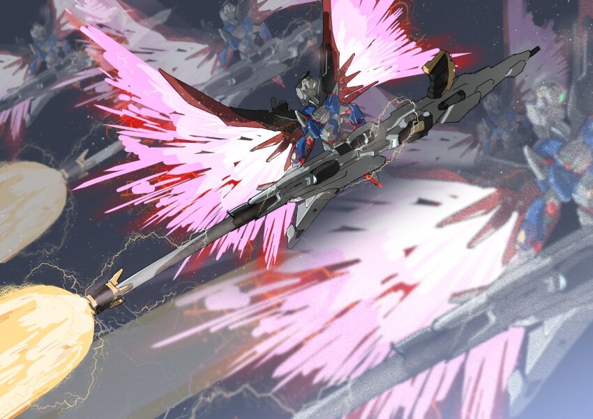 afterimage beam_cannon commentary_request destiny_gundam_spec_ii energy_cannon energy_wings exocet_(exocet4) firing green_eyes gundam gundam_seed gundam_seed_freedom holding holding_cannon holding_weapon mecha mobile_suit no_humans robot science_fiction v-fin weapon