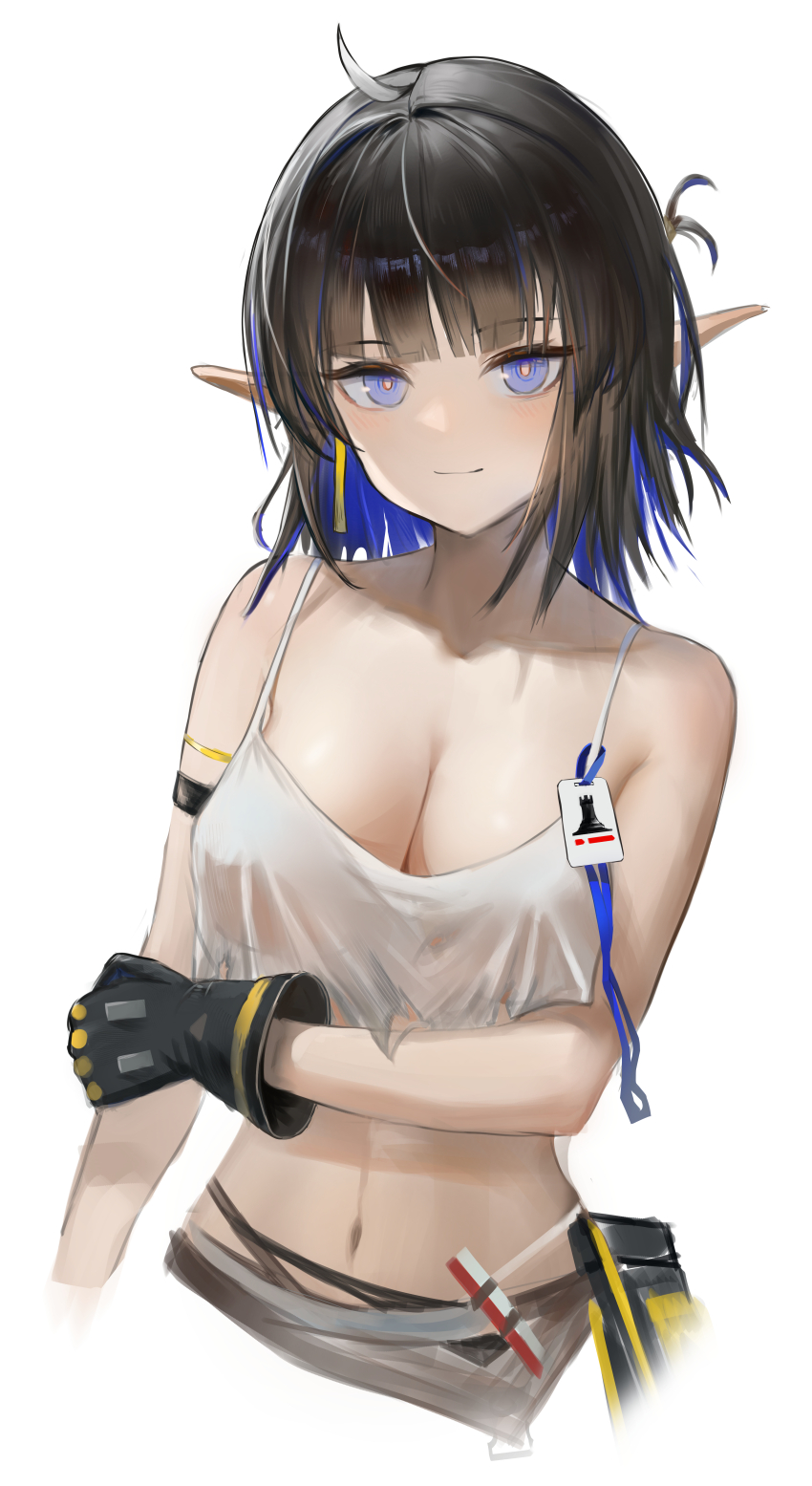 1girl absurdres ahoge arknights arm_under_breasts armpit_crease bare_shoulders bbgg_(pixiv_77795272) black_gloves black_hair blue_eyes blue_hair blush breasts bright_pupils camisole cleavage colored_inner_hair crop_top eunectes_(arknights) eunectes_(forgemaster)_(arknights) gloves hand_on_own_arm highres holding_own_arm light_smile looking_at_viewer medium_breasts medium_hair midriff multicolored_hair navel official_alternate_costume pointy_ears rhodes_island_logo_(arknights) simple_background single_glove sleeveless solo spaghetti_strap two-tone_hair upper_body white_background white_camisole