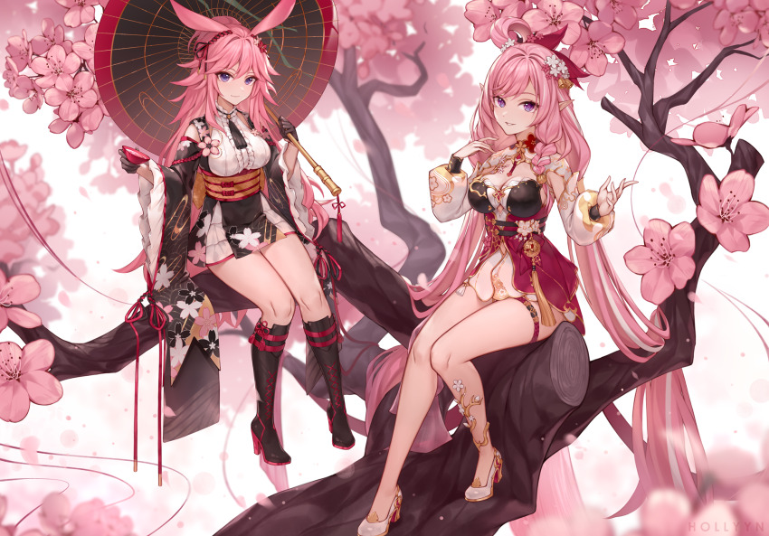 2girls alternate_costume animal_ears black_boots black_gloves boots braid breasts center_frills closed_mouth commentary dress elysia_(herrscher_of_human:_ego)_(honkai_impact) elysia_(honkai_impact) elysia_(peachy_spring)_(honkai_impact) english_commentary flower frilled_sleeves frills gloves hair_between_eyes high_heel_boots high_heels highres hollyyn honkai_(series) honkai_impact_3rd in_tree knee_boots lace-up_boots long_hair long_sleeves medium_breasts multiple_girls obi official_alternate_costume parted_lips petals pink_flower pink_hair puffy_long_sleeves puffy_sleeves purple_eyes sash shirt shoes simple_background sitting sitting_in_tree sleeveless sleeveless_shirt smile swept_bangs tree very_long_hair white_background white_dress white_shirt white_shoes wide_sleeves yae_sakura