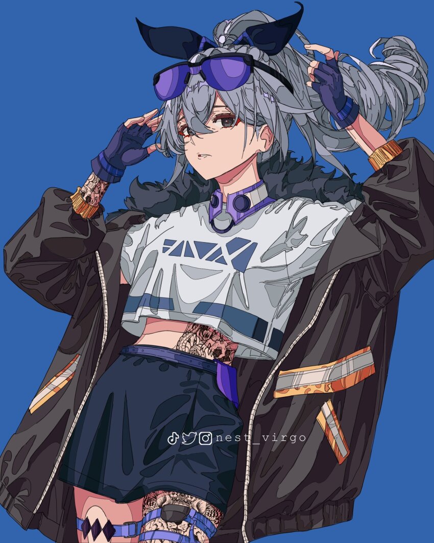 1girl alternate_costume arm_tattoo arms_up black_jacket blue_background blue_shorts commentary cowboy_shot crossed_bangs english_commentary eyewear_on_head fingerless_gloves gloves grey_eyes grey_hair hair_ribbon high_ponytail highres honkai:_star_rail honkai_(series) instagram_logo jacket leg_tattoo long_sleeves midriff nest_virgo open_clothes open_jacket parted_lips ponytail purple_gloves purple_ribbon ribbon shirt shorts silver_wolf_(honkai:_star_rail) simple_background solo stomach_tattoo sunglasses tattoo thigh_strap tiktok_logo twitter_logo white_shirt