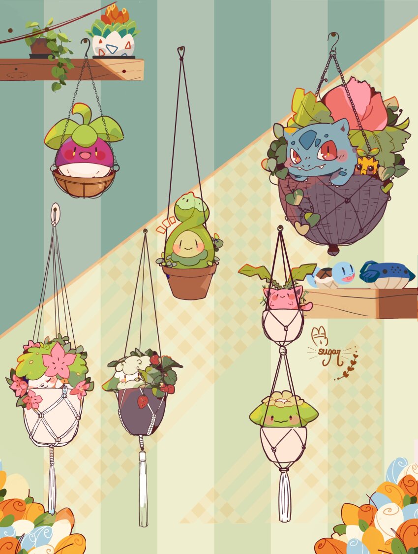 :d absurdres blush blush_stickers bounsweet budew closed_mouth commentary cottonee fangs flower flower_pot food fruit game_freak gen_1_pokemon gen_2_pokemon gen_3_pokemon gen_4_pokemon gen_5_pokemon gen_7_pokemon hanging_plant highres hoppip ivysaur leaf legendary_pokemon mythical_pokemon nintendo no_humans open_mouth orange_flower plant pokemon pokemon_(creature) potted_plant red_eyes shaymin shaymin_(land) shelf signature skiploom smile squirt_bottle_(pokemon) squirtle strawberry sugahri sunkern togepi wailmer wailmer_pail watering_can