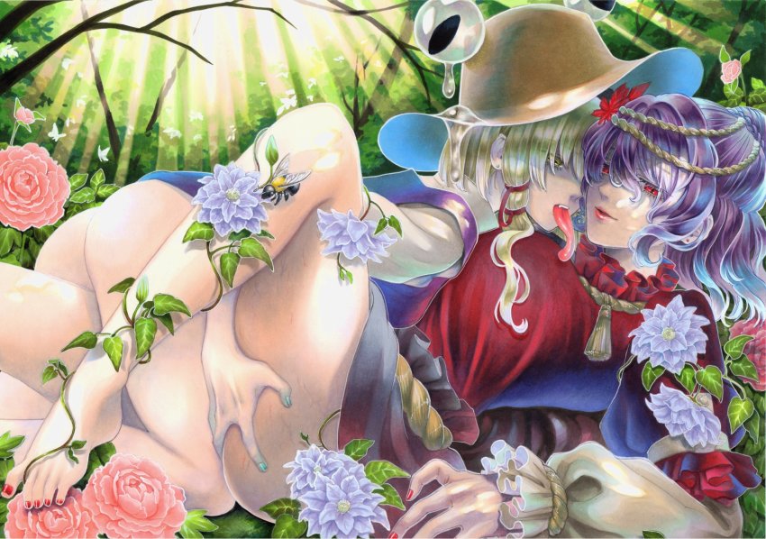 2girls ass barefoot bee blonde_hair blue_hair breasts bug couple day feet flower forest girl_on_top hair_ornament hat highres imminent_kiss insect large_breasts leaf_hair_ornament lips long_tongue lying marker_(medium) medium_hair moriya_suwako multiple_girls nail_(hardware) nature on_back outdoors plant purple_vest red_eyes rope shimenawa sunlight teeth thigh_grab thighs toes tongue touhou traditional_media tree upper_teeth_only vest vines whoru yasaka_kanako yellow_eyes yuri
