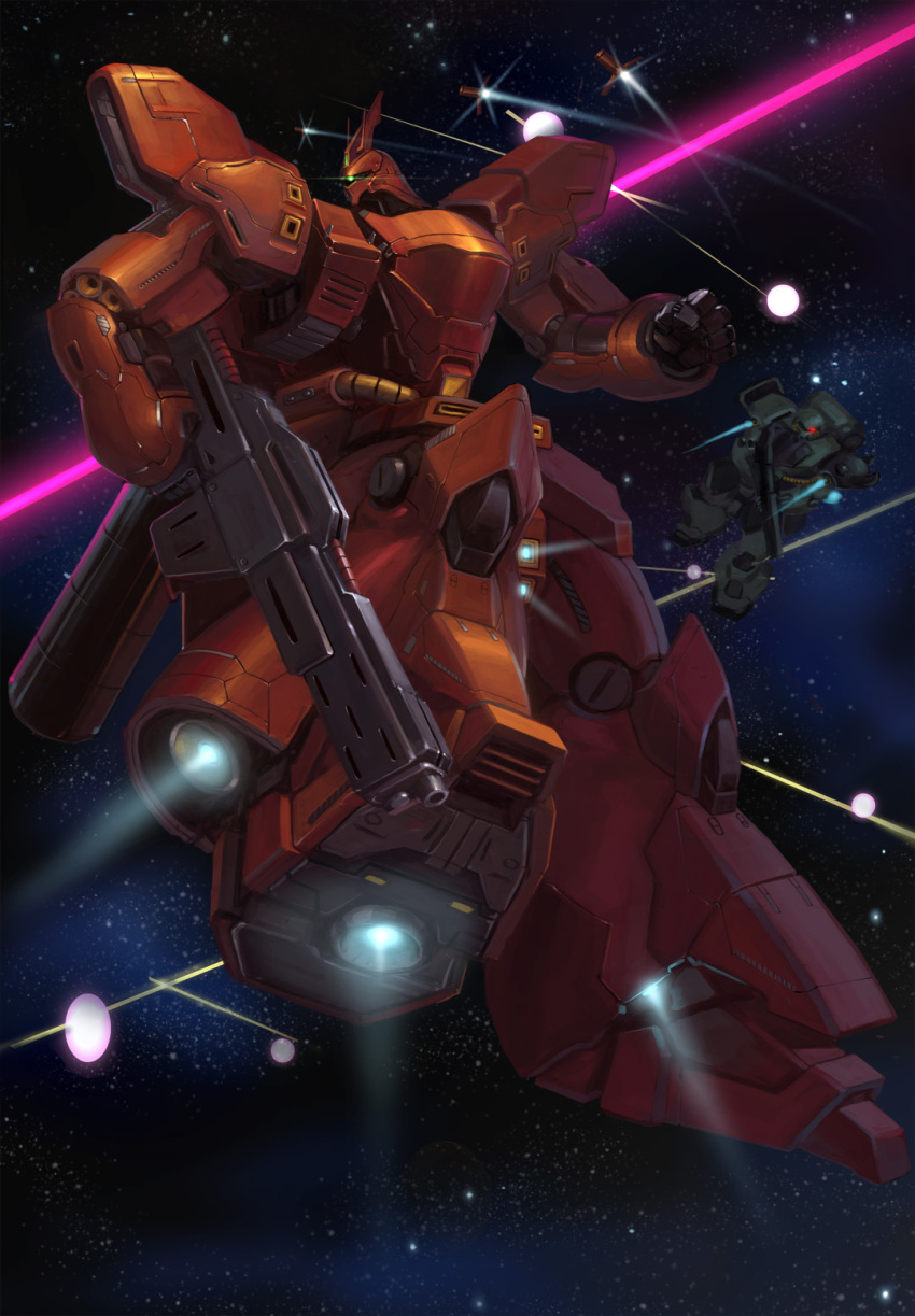 battle beam beam_rifle char&#039;s_counterattack duan_henglong energy_gun explosion funnels_(gundam) geara_doga gundam highres mecha no_humans realistic robot sazabi science_fiction space star_(sky) weapon zero_gravity