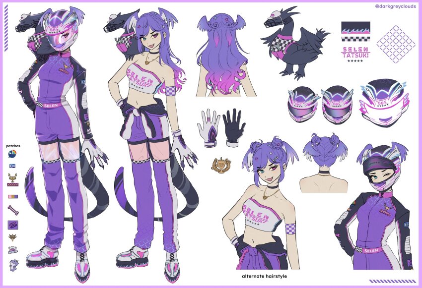 1girl alternate_costume alternate_hairstyle blue_eyes character_name choker darkgreyclouds double_bun ember_(selen_tatsuki) full_body gloves hair_bun hand_on_own_hip head_wings helmet highres jewelry long_hair motorcycle_helmet navel necklace nijisanji nijisanji_en one_eye_closed open_mouth pants platform_sneakers purple_eyes purple_hair purple_pants purple_shirt reference_sheet selen_tatsuki shirt shoes simple_background smile tail twitter_username virtual_youtuber white_background wings