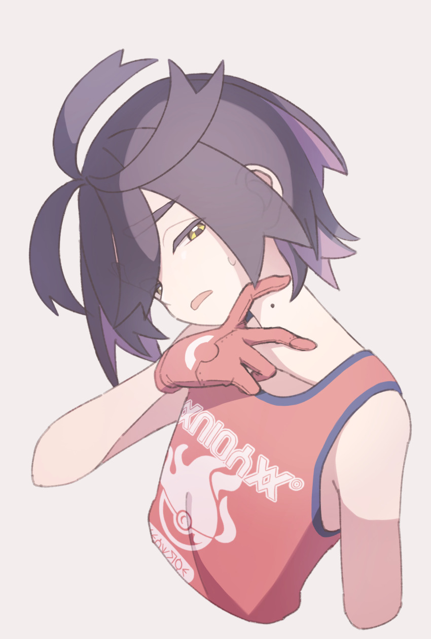 1boy black_hair colored_inner_hair commentary_request frown gloves half-closed_eyes hand_up highres kieran_(pokemon) male_focus mole mole_on_neck multicolored_hair nintendo open_mouth pokemon pokemon_sv print_shirt red_gloves red_shirt shirt simple_background sleeveless sleeveless_shirt solo suimoku_(hzdg5322) sweatdrop upper_body v white_background yellow_eyes