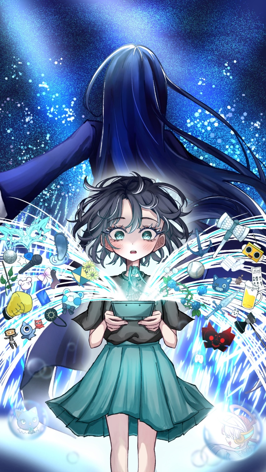 1girl ado_(utaite) adorozatorumary age_progression anchor atashi_wa_mondaisaku bandaid beer_mug black_hair black_shirt blue_coat blue_eyes blue_flower blue_hair blue_rose blue_skirt blush boxing_gloves chando_(ado) child coat commentary_request copyright_request cup eien_no_akuru_hi flower ha-chan_(ado) handheld_game_console hatsune_miku highres himawari_(ado) long_hair microphone mole mole_under_eye mug nintendo_3ds odo_(song) one_piece one_piece_film:_red open_mouth oyashirazu_(adochan_daisuki) pleated_skirt plectrum readymade_(ado) rose rule_(ado) sanrio shirt short_hair show_(ado) skirt sunflower teeth unravel_(song) upper_teeth_only uta_(one_piece) utaite vocaloid