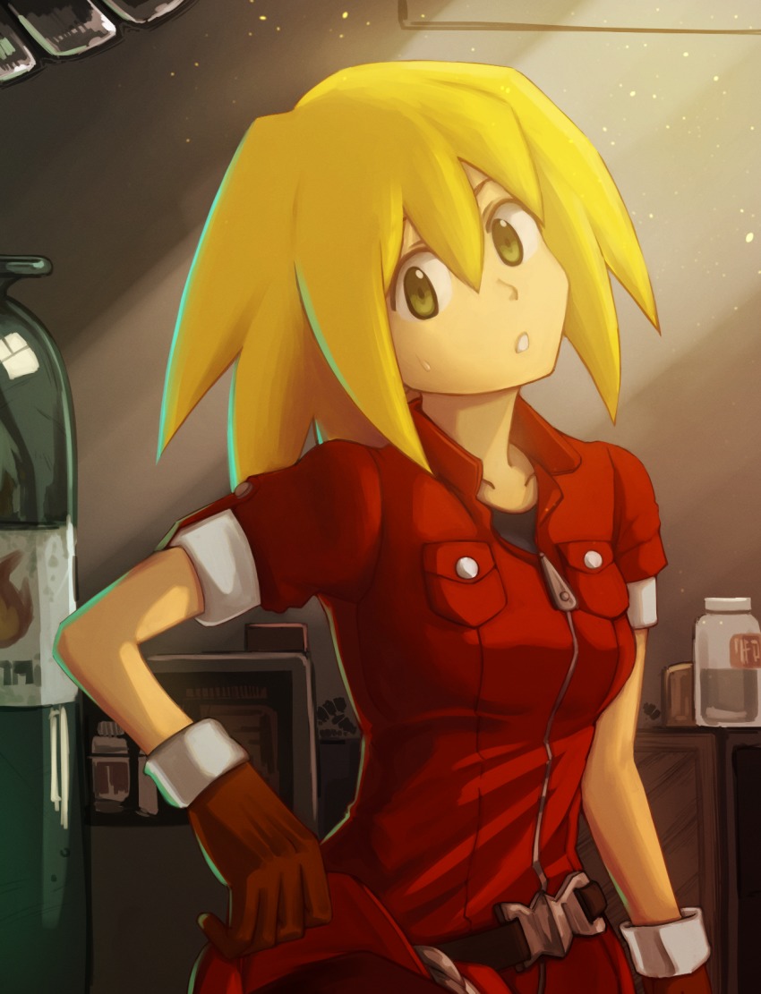 1girl belt blonde_hair breast_pocket breasts capcom female_focus fumato gloves green_eyes hair_between_eyes hand_on_own_hip hat head_tilt highres holding holding_unworn_clothes holding_unworn_hat long_hair looking_at_viewer looking_to_the_side mechanic medium_breasts mega_man_(series) mega_man_legends_(series) mega_man_legends_3 pocket roll_caskett_(mega_man) short_sleeves solo spiked_hair unworn_hat unworn_headwear upper_body zipper zipper_pull_tab