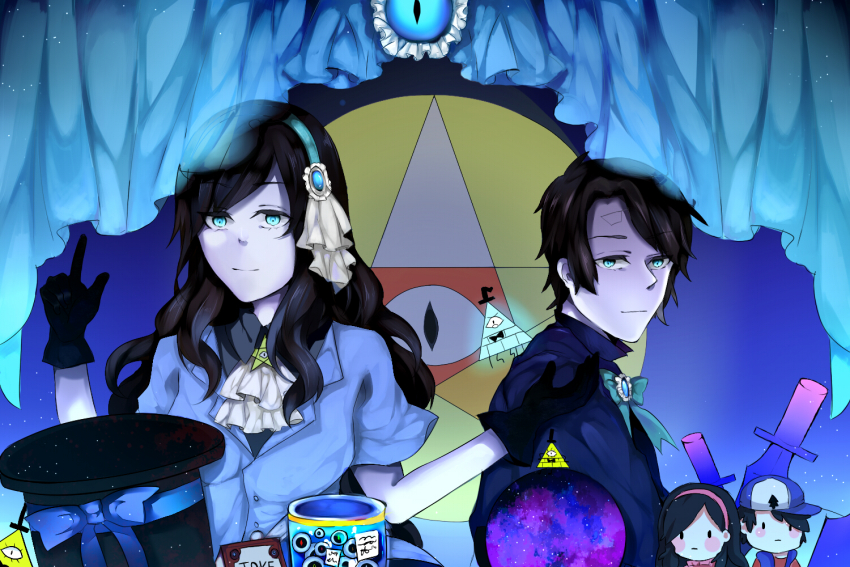 2boys 2girls aqua_eyes aqua_vest ascot bill_cipher brooch brother_and_sister brown_hair cape collared_shirt dark_persona dipper_gleeful dipper_pines dual_persona eyeball facial_mark forehead_mark formal_clothes gem gravity_falls hair_ornament hairband hat hokima jewelry long_hair mabel_gleeful mabel_pines multiple_boys multiple_girls pentagram shirt short_hair siblings swept_bangs top_hat twins vest will_cipher