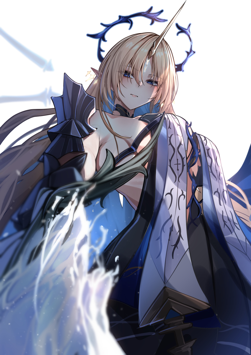 1girl absurdres black_dress blonde_hair blue_eyes blue_hair breasts closed_mouth colored_inner_hair commentary_request crown_of_thorns dress fleurdelys_(wuthering_waves) highres holding holding_sword holding_weapon horns kamishiro_noa large_breasts looking_at_viewer multicolored_hair partial_commentary pointy_ears simple_background single_horn solo sword tabard tacet_mark_(wuthering_waves) weapon white_background white_tabard wuthering_waves yellow_horns