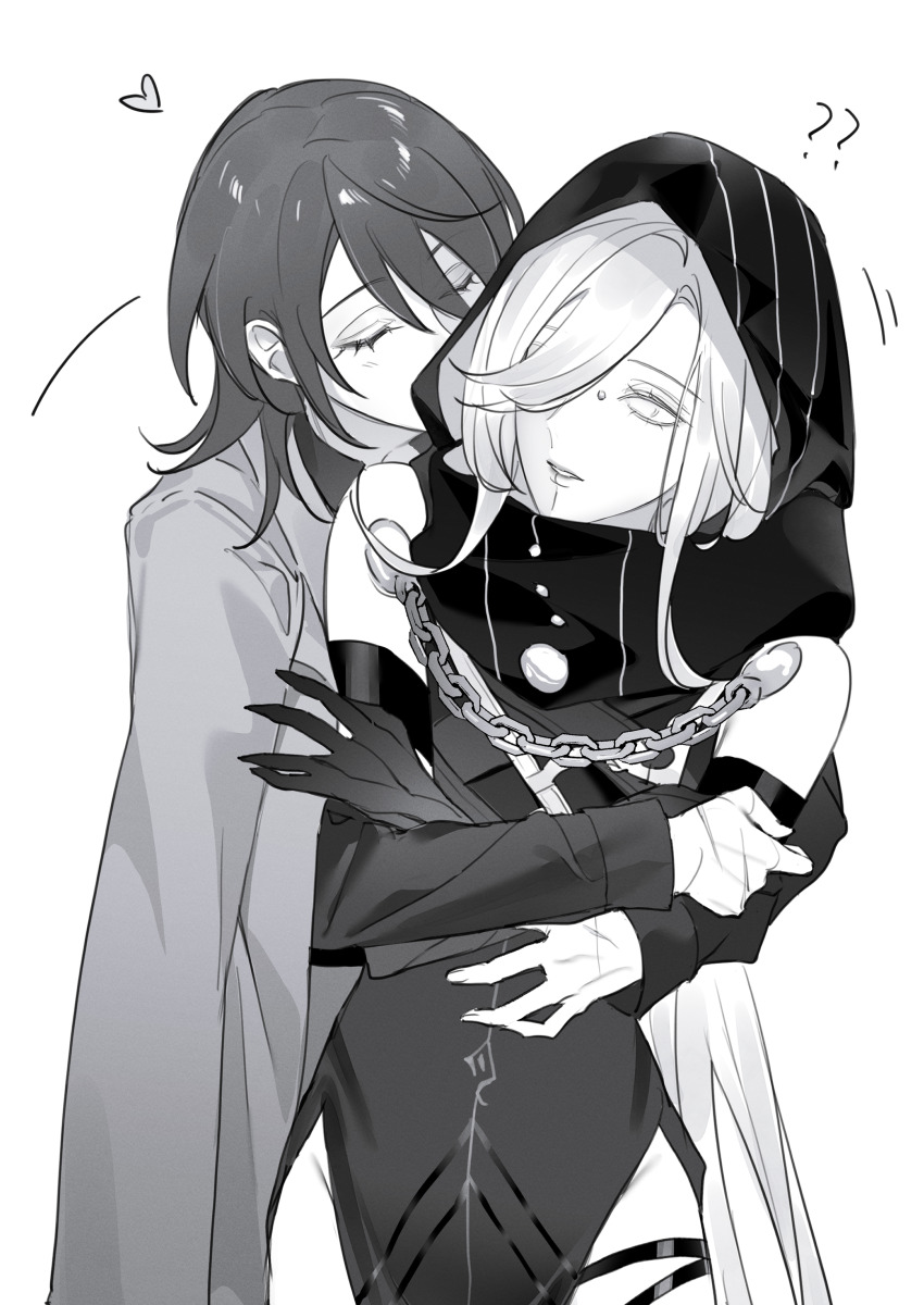 2girls ? ?? absurdres black_hands bridge_piercing chief_(path_to_nowhere) closed_eyes colored_extremities commentary_request elbow_gloves female_chief_(path_to_nowhere) gloves greyscale hair_between_eyes hair_over_one_eye heart highres hood hoodie hug jacket kiss kissing_cheek long_hair long_sleeves looking_at_another medium_hair monochrome multiple_girls nox_(path_to_nowhere) parted_lips path_to_nowhere piercing simple_background toho10min white_background yuri