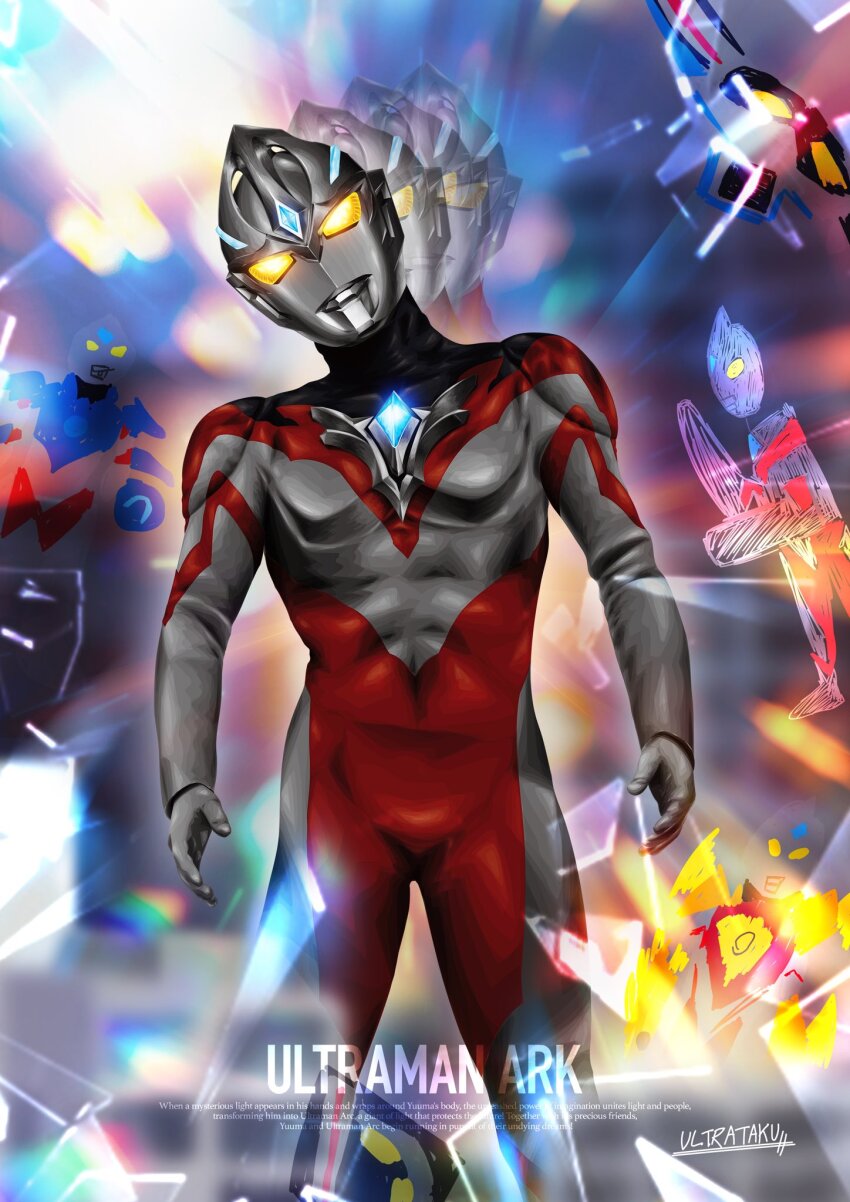 1boy abs afterimage alien arc_ariser arc_eye_sword armor artist_name black_skin blue_armor blue_gemstone blurry blurry_background bokeh character_name child&#039;s_drawing color_timer colored_skin commentary cowboy_shot depth_of_field dorsal_fin english_text forehead_jewel gem glass glass_shards glowing glowing_eyes head_tilt highres legs_apart looking_at_viewer luna_armor male_focus multicolored_skin muscular muscular_male no_pupils pectorals red_armor red_skin signature silver_skin solis_armor solo standing sword tokusatsu typo ultra_beam ultra_series ultraman_arc ultraman_arc_(series) ultrataku weapon wrinkled_skin yellow_eyes