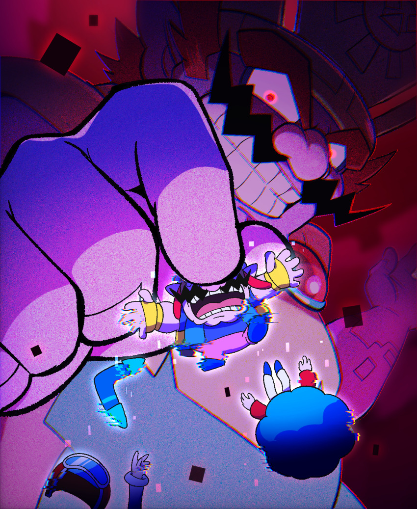 1girl 3boys big_nose blue_shirt boomerang evil_grin evil_smile facial_hair fingerless_gloves giant glitch gloves grin helmet highres hoshi_(star-name2000) jimmy_t mona_(warioware) motorcycle_helmet multiple_boys mustache nintendo out_of_frame pants pink_pants red_eyes shirt smile wario wario_bug warioware warioware:_get_it_together! yellow_gloves