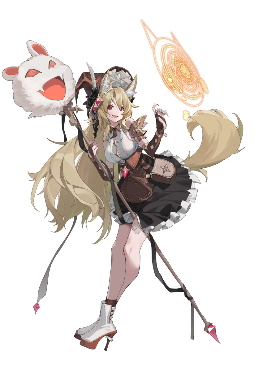 1girl absurdres between_thighs black_skirt blonde_hair boots breasts casting_spell commentary_request full_body hat high_heels highres holding holding_staff large_breasts long_hair looking_at_viewer open_mouth original pink_eyes shirt simple_background skirt smile solo staff tail white_background white_boots white_shirt witch_hat zhimalin_da