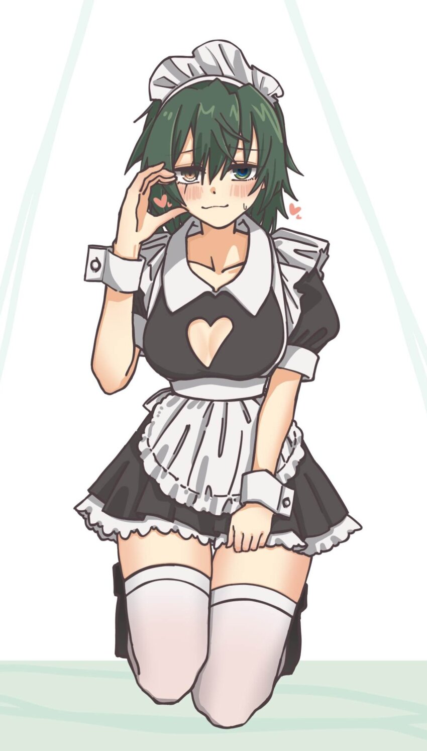 1girl alternate_costume apron black_dress clothing_cutout collarbone dress embarrassed enmaided green_eyes green_hair half-heart_hands heart heart_cutout highres kantai_collection kiso_(kancolle) kneeling maid maid_headdress motizou short_hair solo thighhighs waist_apron white_apron white_thighhighs wrist_cuffs yellow_eyes