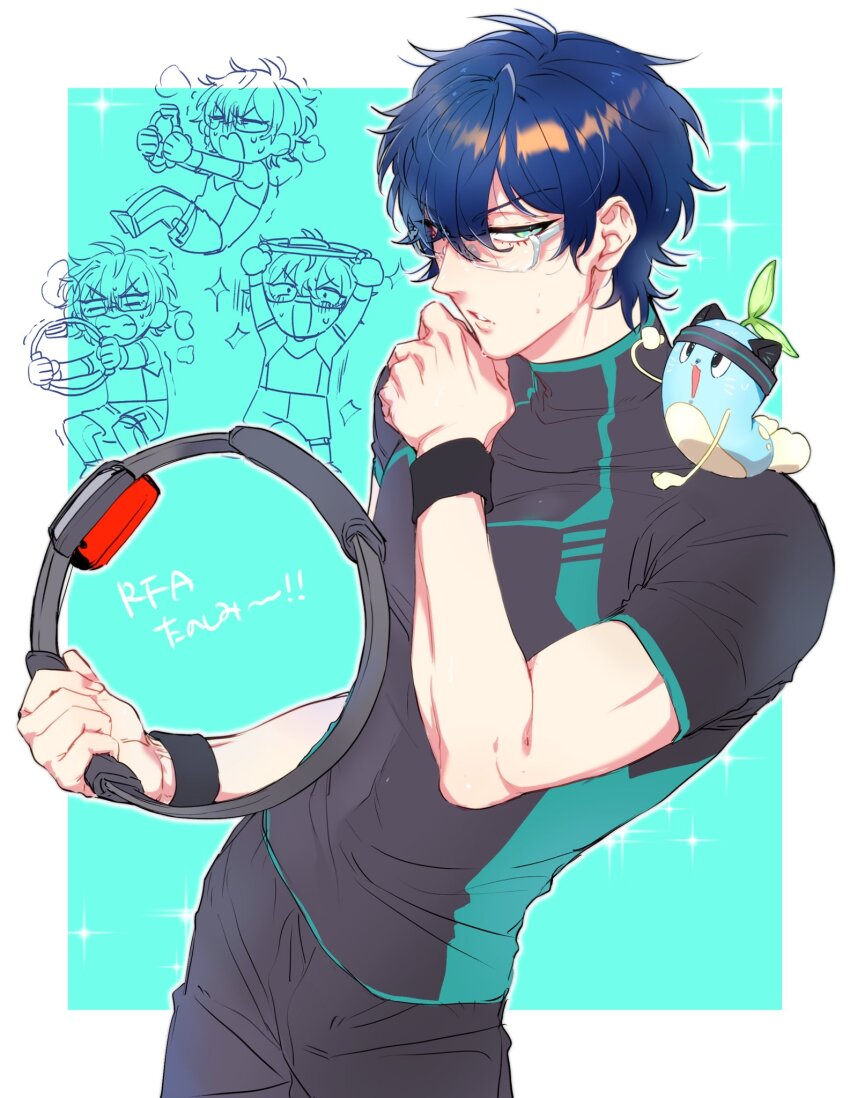 1boy animal animal_on_shoulder aqua_eyes black_pants black_shirt blue_hair border chibi chibi_inset closed_eyes exercising gagake_v headband highres leos_vincent male_focus mameneko_(leos_vincent) nijisanji outside_border pants parted_lips ring_fit_adventure shirt short_hair sideways_glance sit-up sparkle squatting steaming_body sweat virtual_youtuber white-framed_eyewear white_border wristband