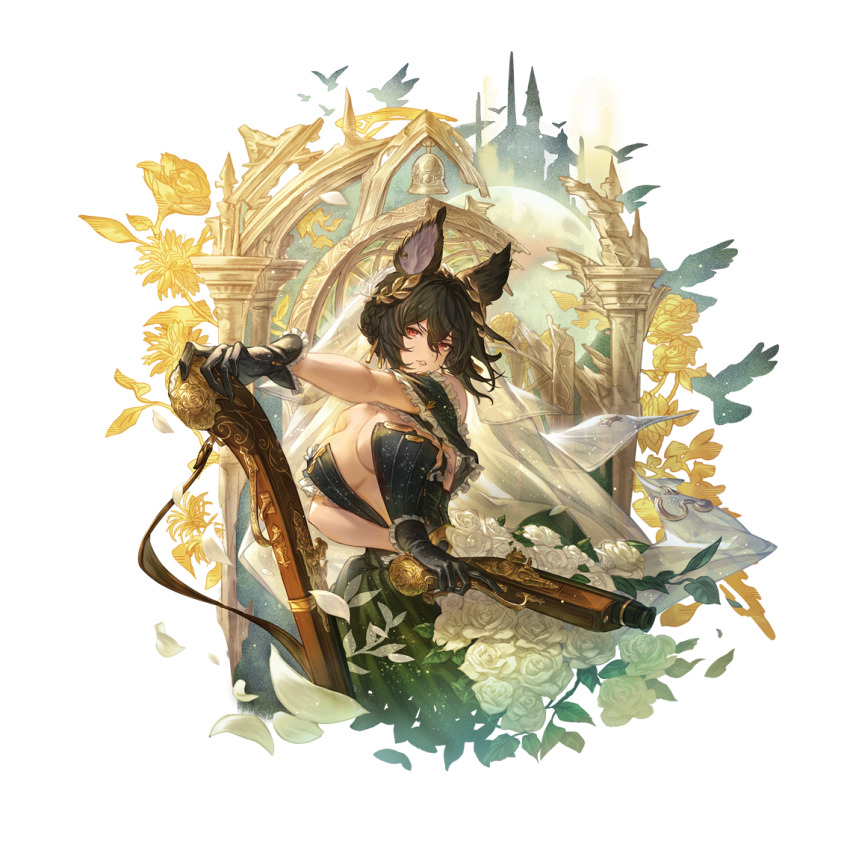 1girl animal_ears arch bare_shoulders black_dress black_hair bouquet breasts bridal_veil dress dual_wielding erune flower granblue_fantasy gun handgun holding ilsa_(formal)_(granblue_fantasy) ilsa_(granblue_fantasy) large_breasts looking_at_viewer minaba_hideo official_art red_eyes rifle short_hair solo upper_body veil weapon