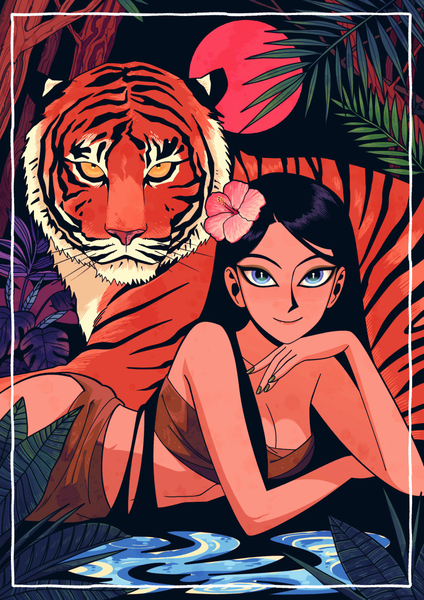 1girl absurdres animal arm_support black_hair blue_eyes border breasts brown_sarong brown_tube_top cleavage commentary english_commentary flower hair_flower hair_ornament hibiscus highres jadoochicken leaf long_hair looking_at_viewer lying midriff monstera_deliciosa moon original red_moon sarong smile strapless tiger tube_top water whiskers