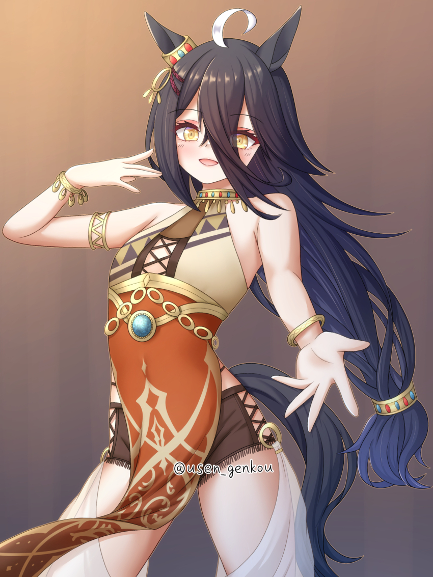 1girl animal_ears arm_up armlet bare_shoulders black_hair blue_hair bracelet brown_shorts cosplay dress ear_ornament eyes_visible_through_hair hair_between_eyes highres horse_ears horse_girl horse_tail jewelry legs_apart long_hair long_hair_between_eyes looking_at_viewer low-tied_long_hair manhattan_cafe_(umamusume) multicolored_hair open_mouth rigantona_(umamusume) rigantona_(umamusume)_(cosplay) short_shorts shorts shorts_under_dress sleeveless sleeveless_dress smile solo standing tail umamusume very_long_hair white_hair yellow_eyes yuusen_(aenka)