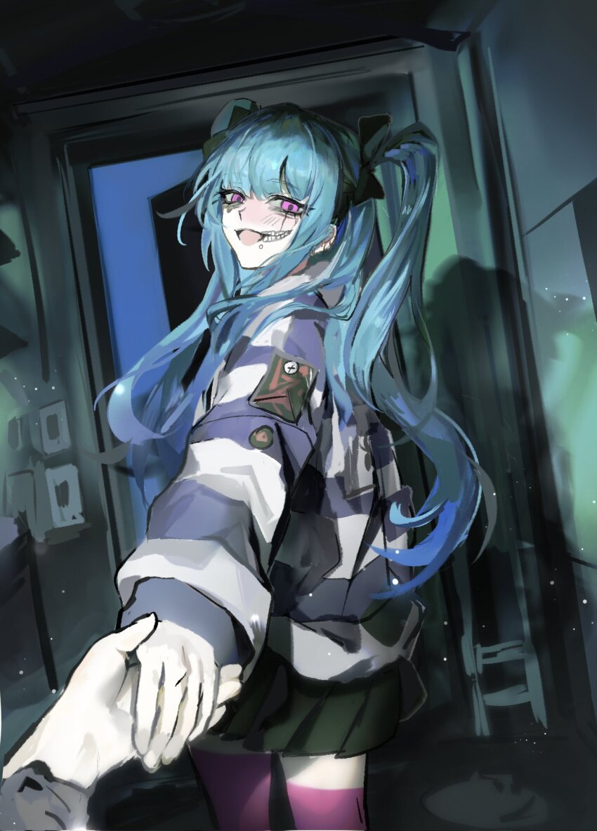 1girl amemiya_darumi black_bow black_hair black_skirt blue_hair bow ear_piercing face_piercing female_focus highres holding_hands lip_piercing long_sleeves looking_at_viewer multicolored_hair open_door piercing pink_eyes pink_thighhighs pleated_skirt shirt skirt striped_clothes striped_shirt the_hundred_line_-last_defense_academy- thighhighs twintails wushui2333