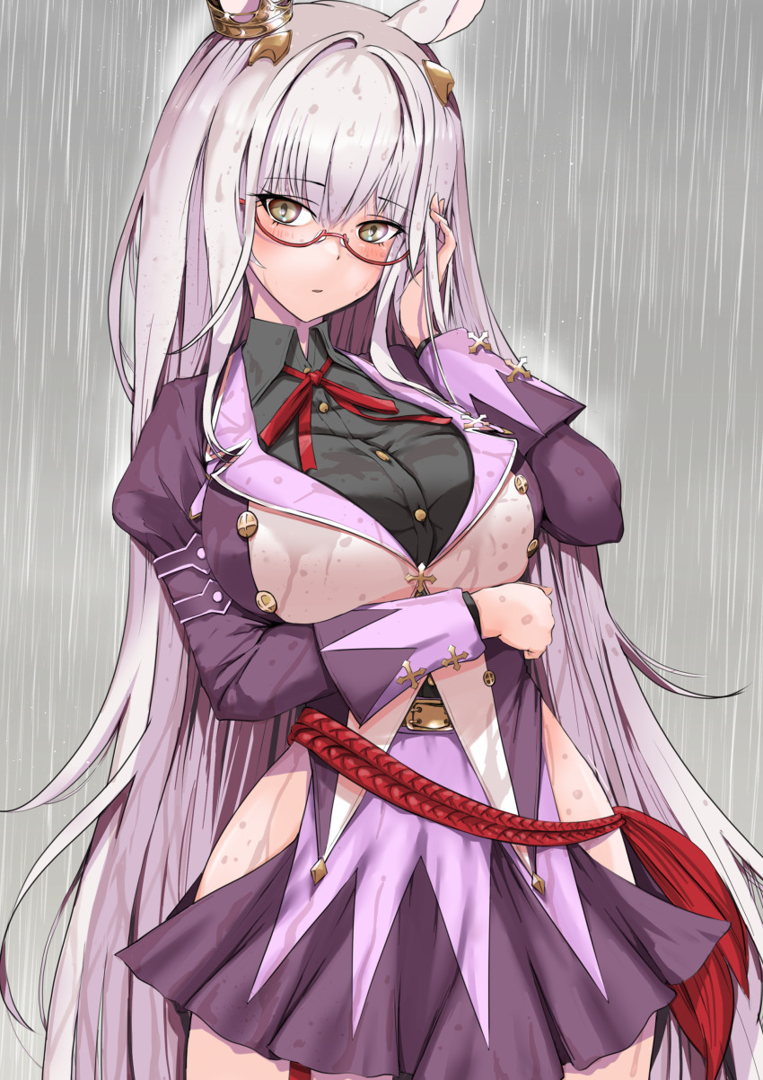 1girl absurdres animal_ears arm_under_breasts biwa_hayahide_(umamusume) black_shirt breasts collared_shirt cowboy_shot glasses grey_hair hand_in_own_hair highres horse_ears horse_girl large_breasts long_hair p.i.t.d rain red-framed_eyewear red_ribbon ribbon shirt side_slit solo umamusume wet wet_clothes wet_hair yellow_eyes