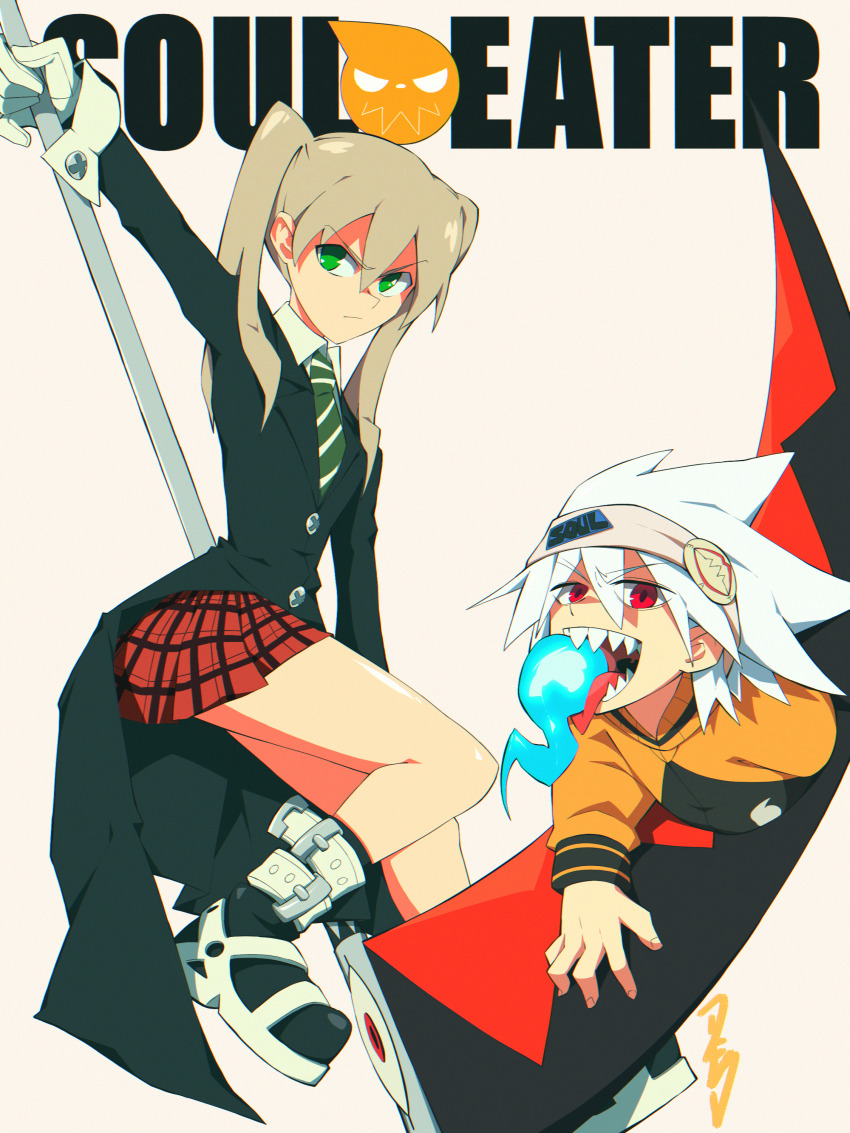 1boy 1girl absurdres commentary english_commentary gloves goodboideogie green_necktie highres holding holding_scythe long_hair maka_albarn necktie plaid_clothes plaid_skirt red_eyes scythe sharp_teeth skirt soul_eater soul_evans teeth twintails white_gloves white_hair