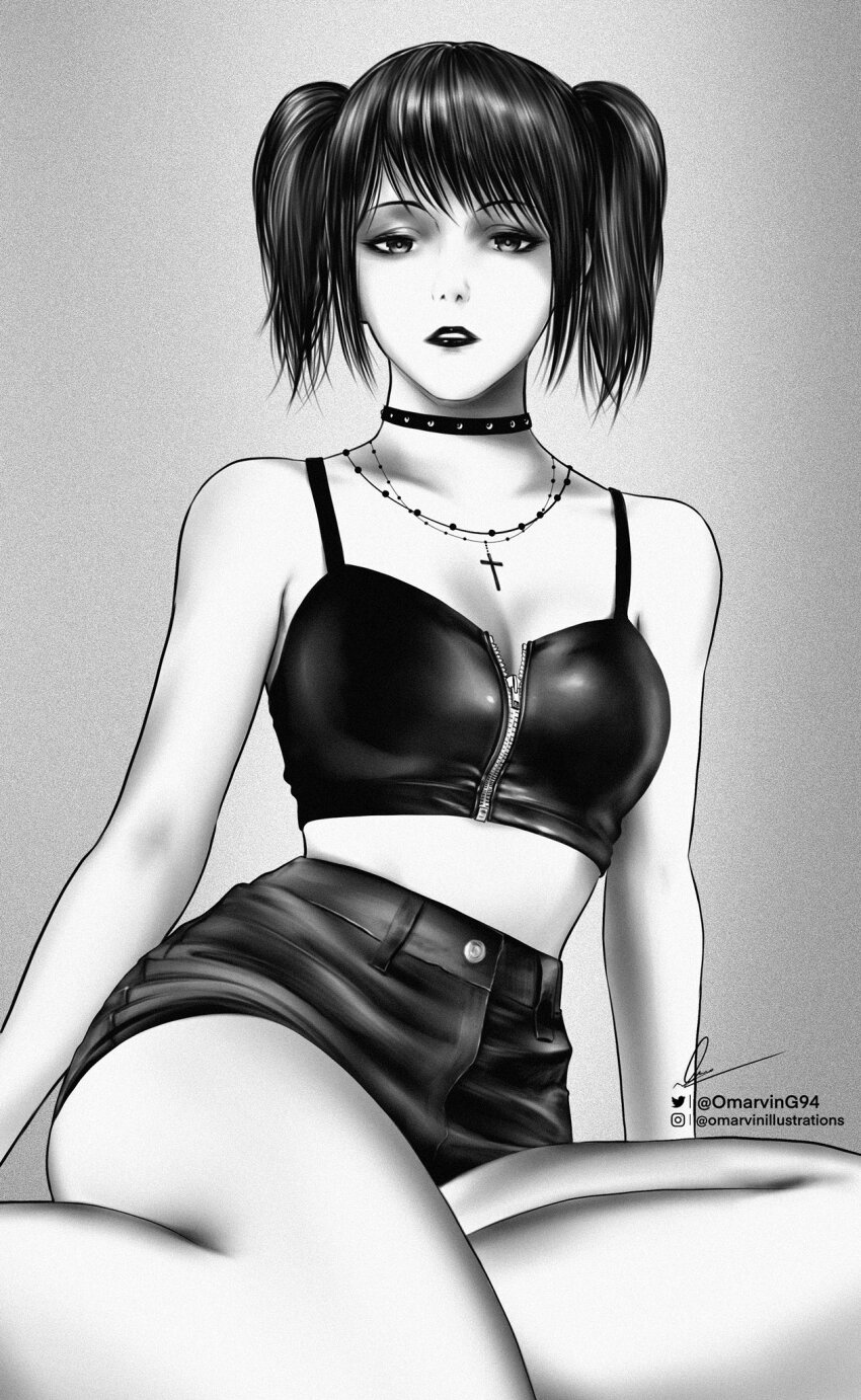 1girl bare_arms bare_shoulders bead_necklace beads black_choker black_eyeshadow black_hair black_lips black_shorts black_tank_top choker collarbone crop_top cross cross_necklace eyeshadow grey_background greyscale highres jewelry leather_bra legs long_hair looking_at_viewer makeup marvin_(omarvin) midriff midriff_peek mikasa_ackerman monochrome multiple_necklaces necklace open_mouth shingeki_no_kyojin shorts sitting solo spiked_choker spikes tank_top thighs twintails zipper